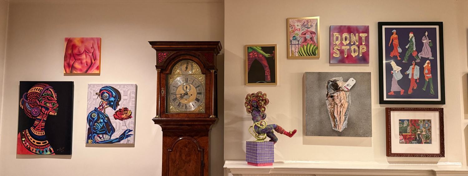 Wall 5, Front parlor, by the tall clock, with a numbered marker on each piece